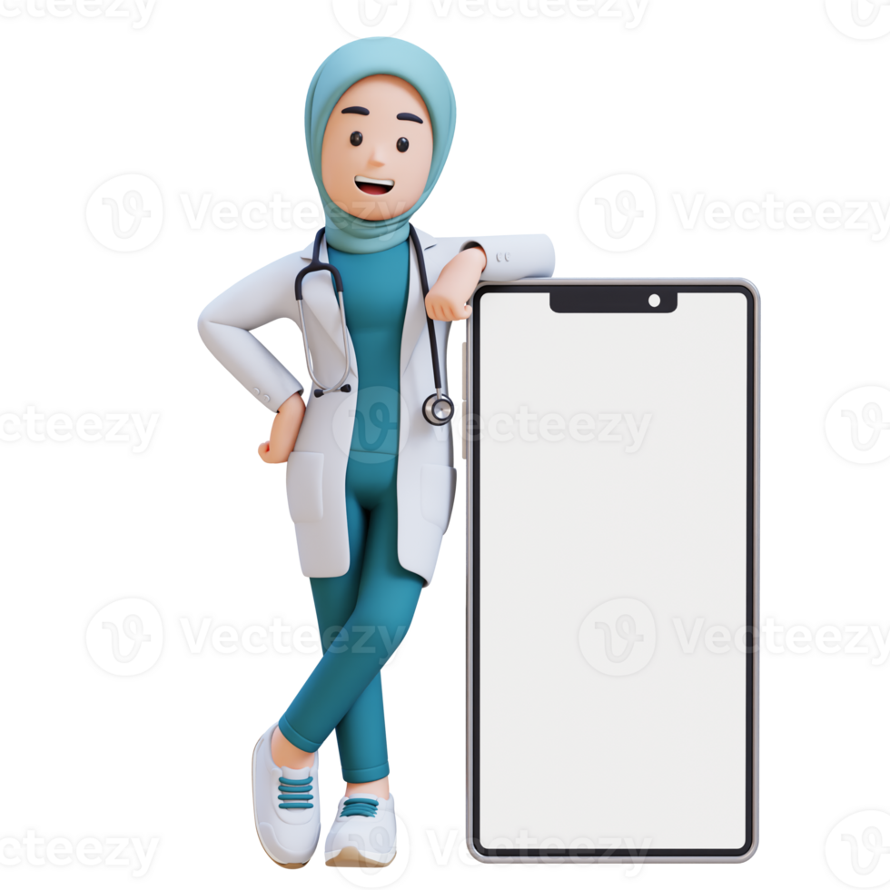 3D render muslim woman medical doctor character in a white lab coat stands next to a white cell phone png