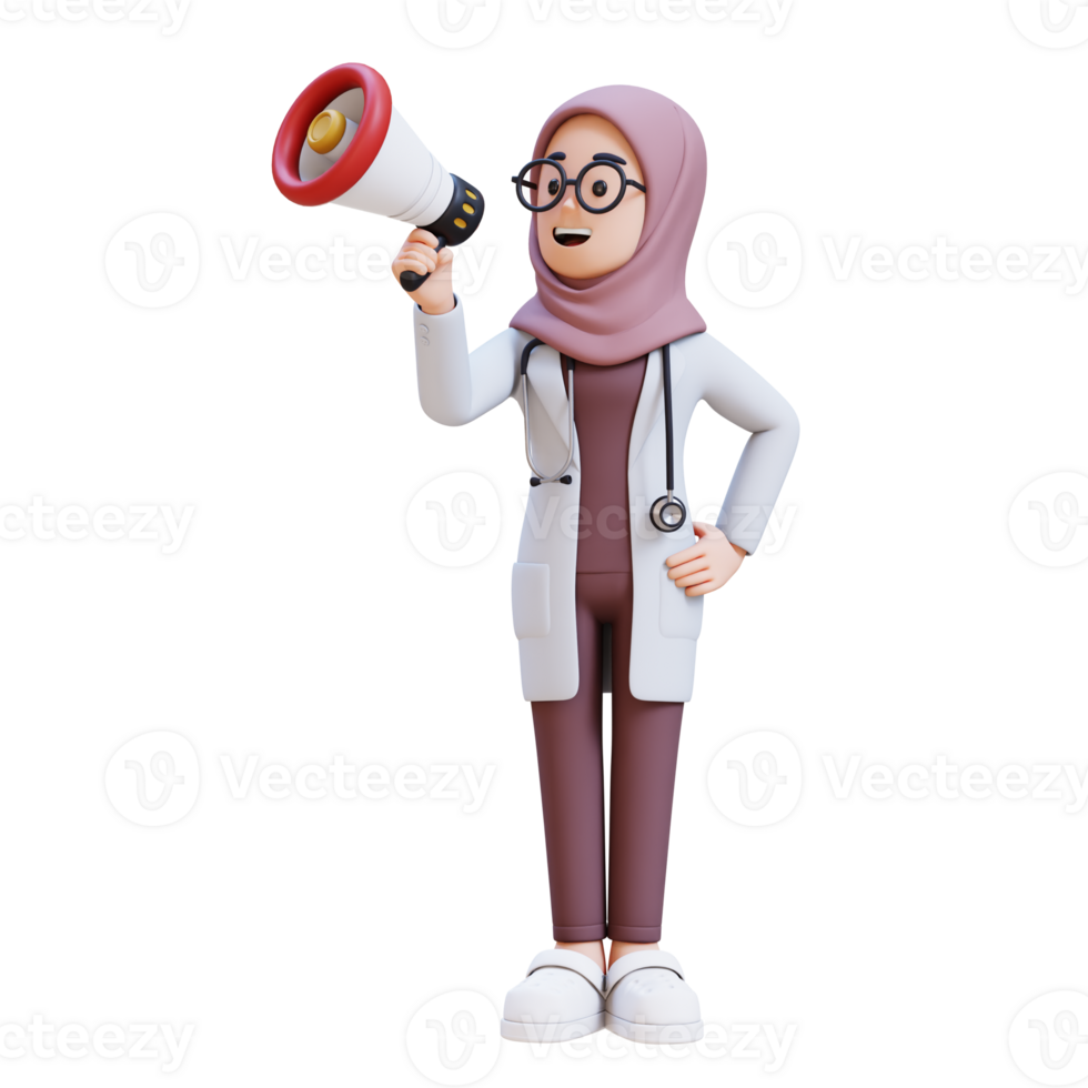 3D render muslim woman doctor character in a white lab coat holding a megaphone give speech png