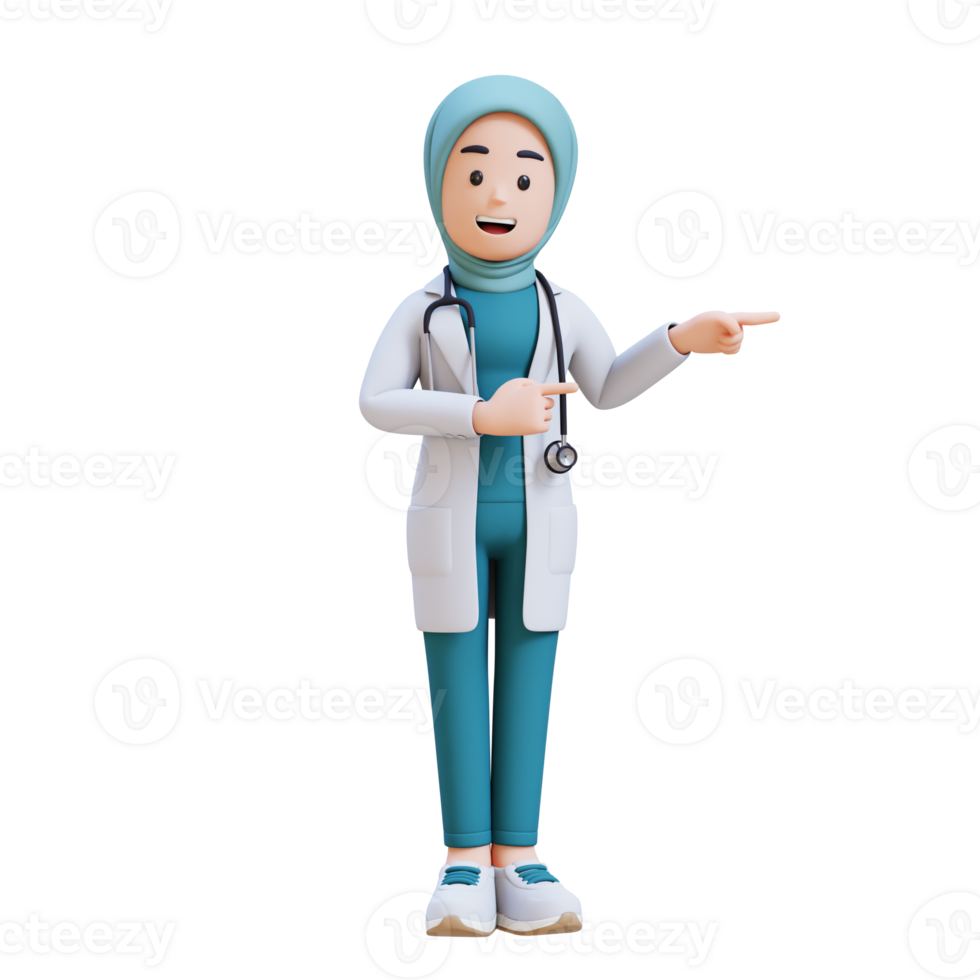 3D render muslim woman medical doctor character in a white lab coat points to something png
