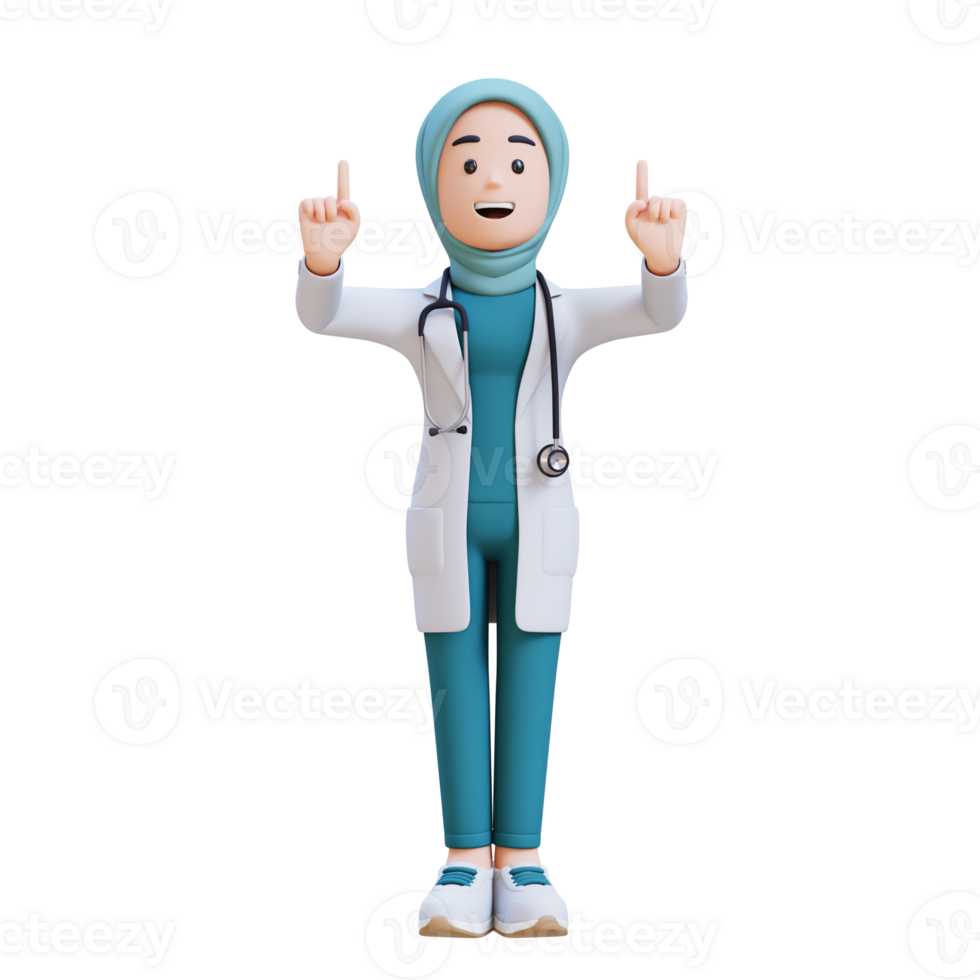 3D render muslim woman medical doctor character in a white lab coat is pointing up png