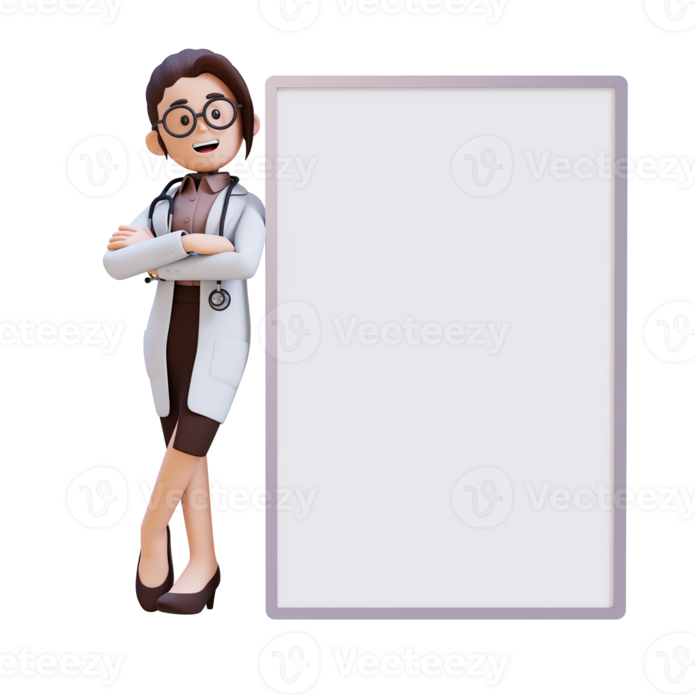 3D render woman doctor character in a white coat stands beside a white board png