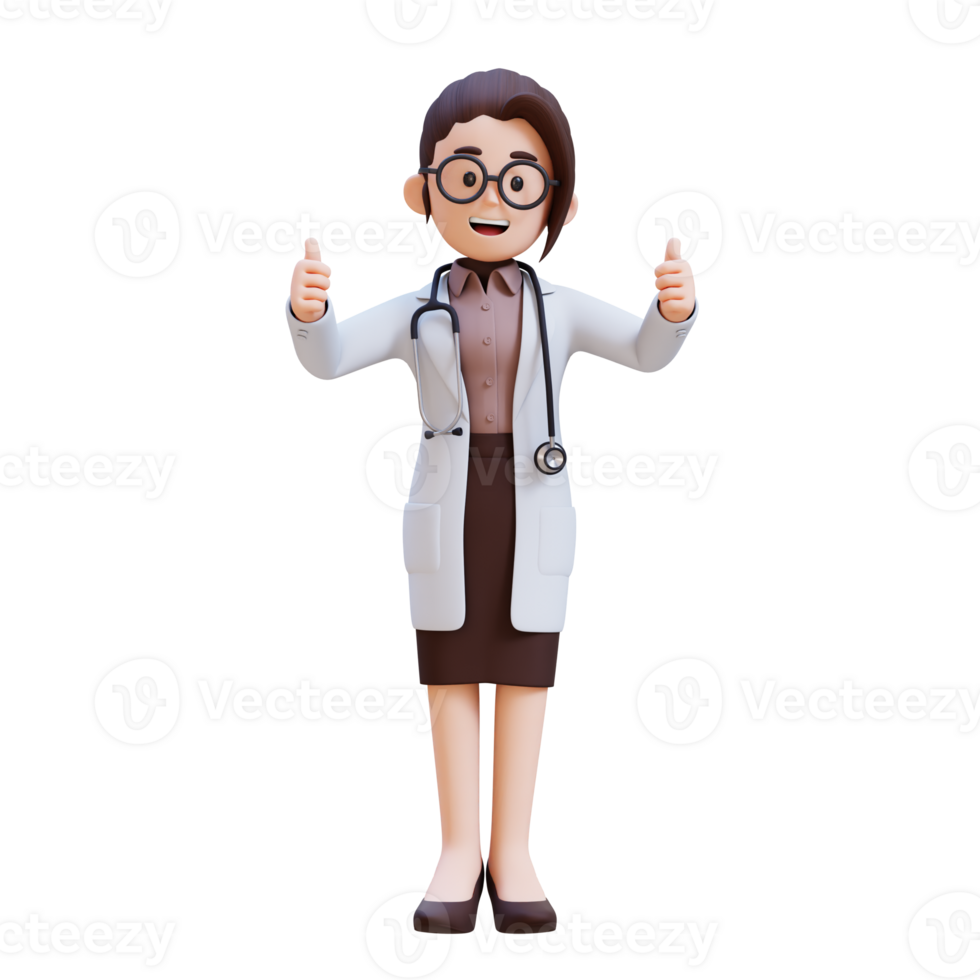 3D render woman doctor character in a white lab coat is giving two thumbs up png