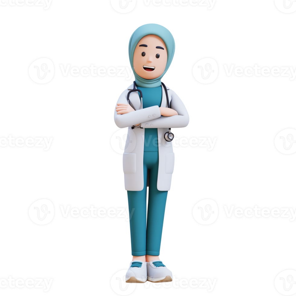 3D render muslim woman medical doctor character in a white lab coat is standing with her arms crossed png