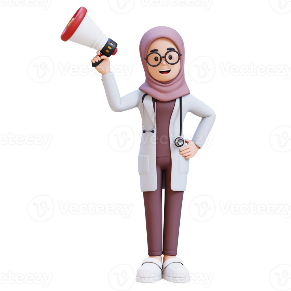 3D render muslim woman doctor character in a white lab coat holding up a megaphone png