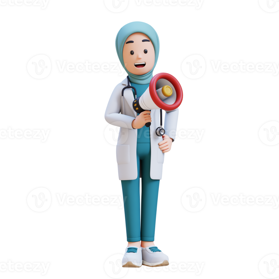3D render muslim woman medical doctor character in a white lab coat holding a megaphone png