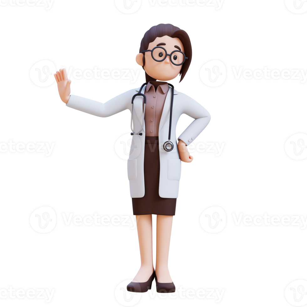 3D render woman doctor character in a white lab coat refusing with stopping gesture png
