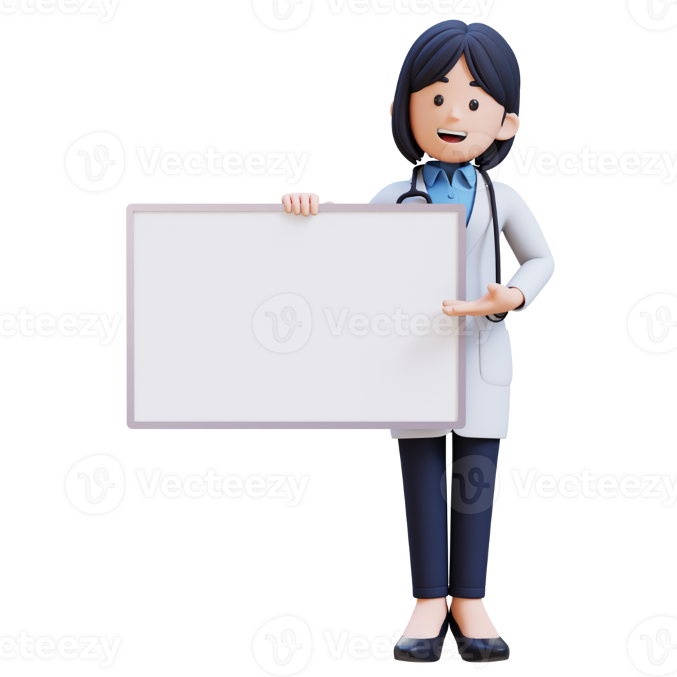 3D Woman Doctor Character in a white lab coat is presenting to a white board with a smile on her face png