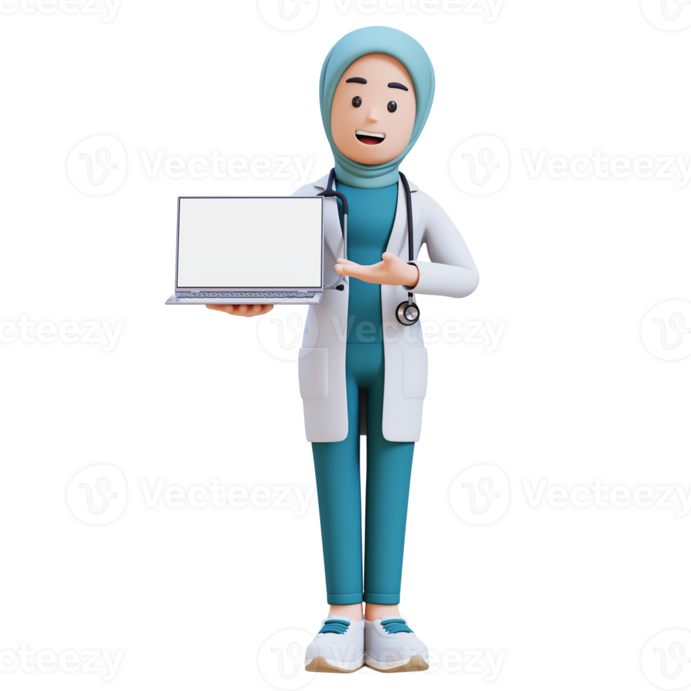 3D render muslim woman medical doctor character in a white lab coat presenting to a laptop png
