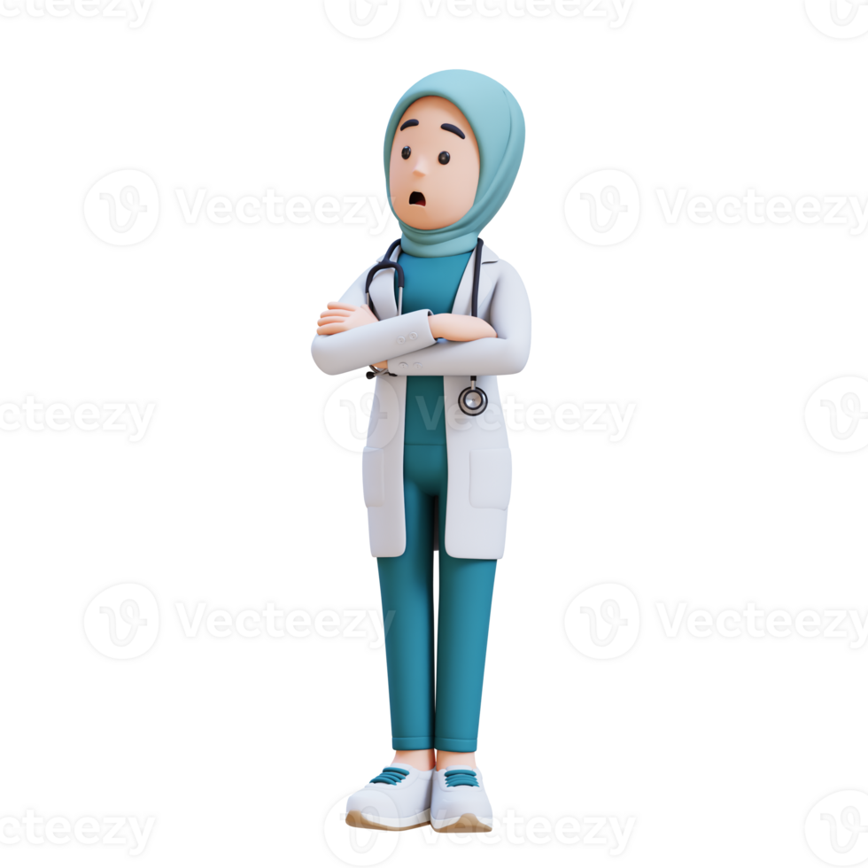 3D render muslim woman medical doctor character in a white lab coat is mad and standing with her arms crossed png