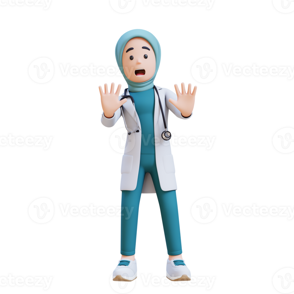 3D render muslim woman medical doctor character in a white lab coat is holding her hands up give warning gesture png