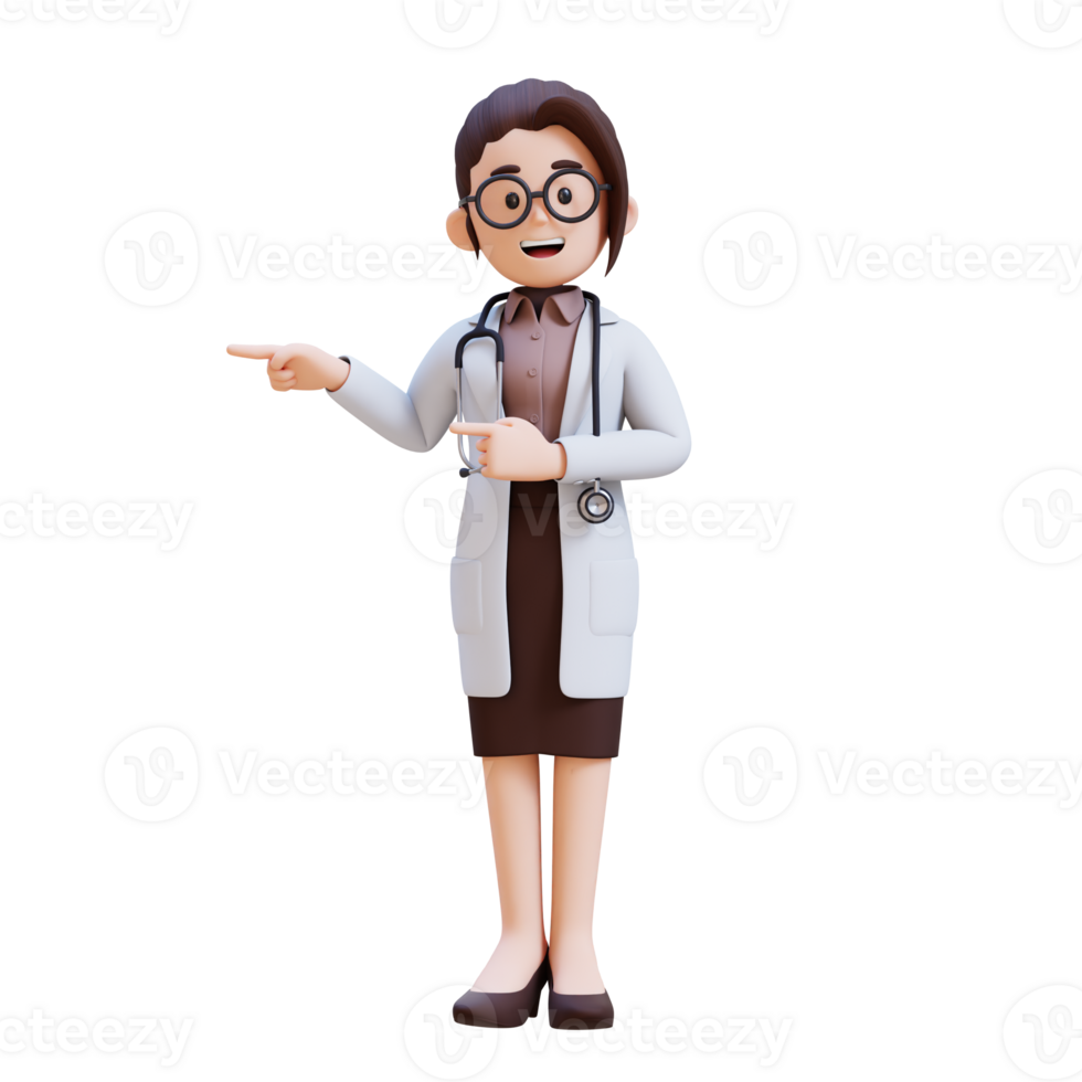 3D render woman doctor character pointing to the right png
