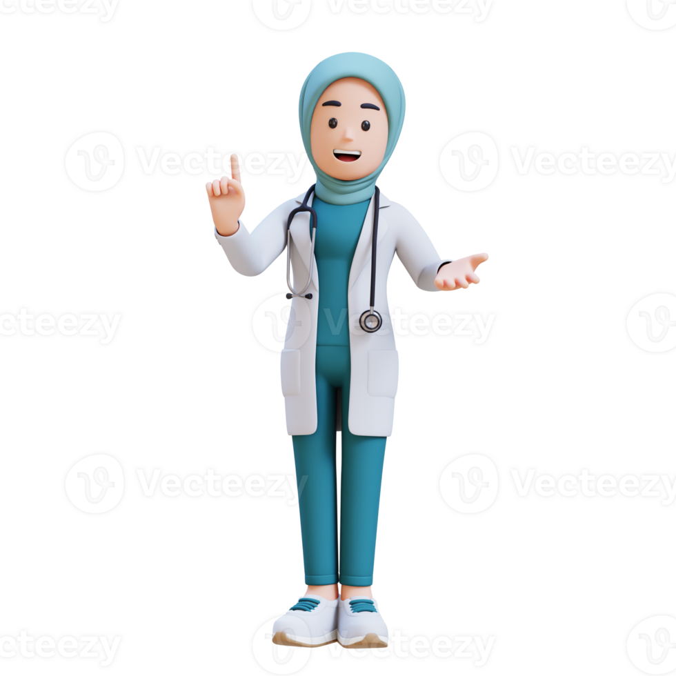 3D render muslim woman medical doctor character is pointing to something with her finger png