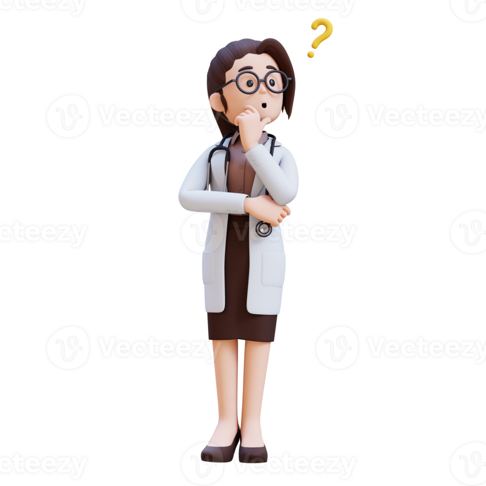 3D render woman doctor character in a white lab coat is thinking something png