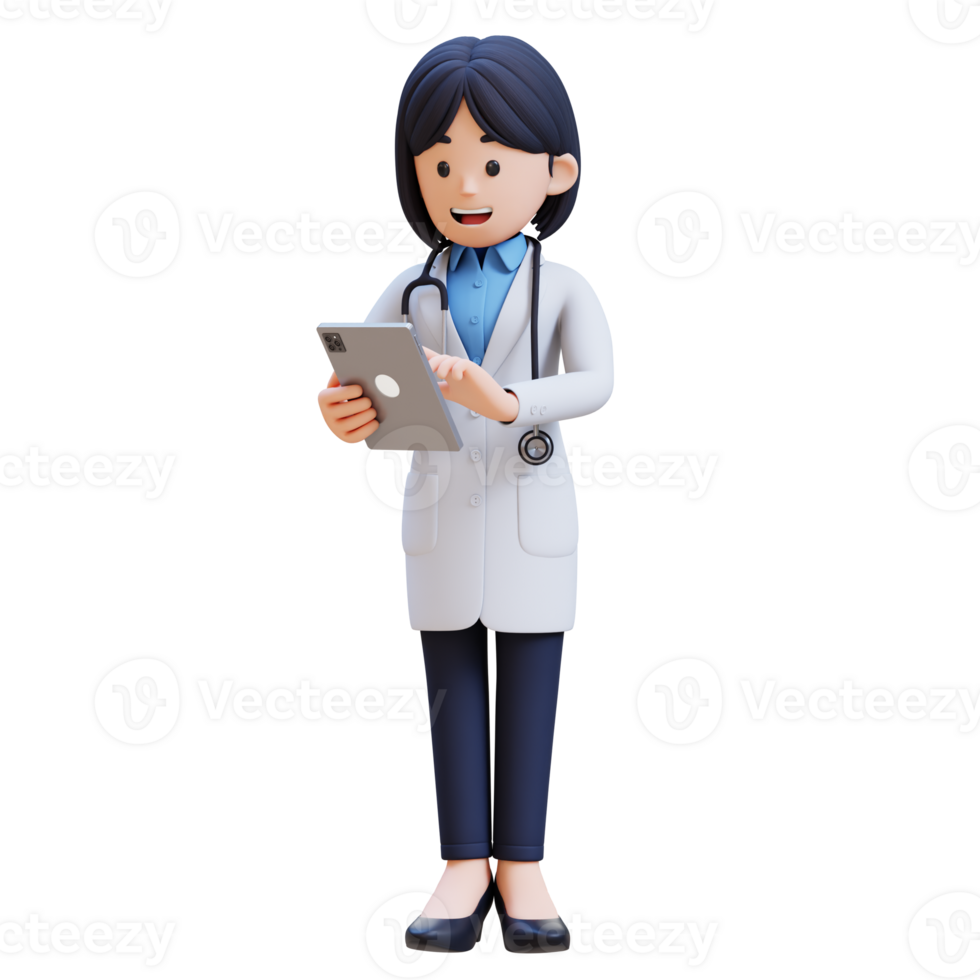 3D Woman Doctor Character in a white lab coat is holding a tablet and smiling png