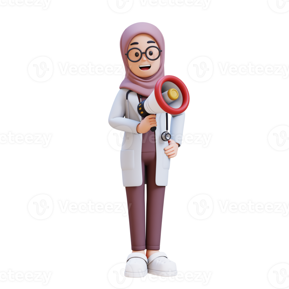 3D render muslim woman doctor character in a white lab coat holding a megaphone png