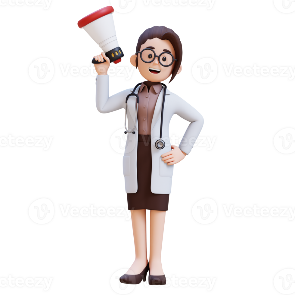 3D render woman doctor character holding a megaphone with confident png