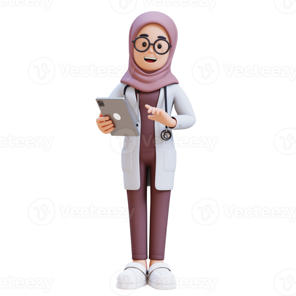 3D render muslim woman doctor character in a white lab coat is holding a tablet in her hand png