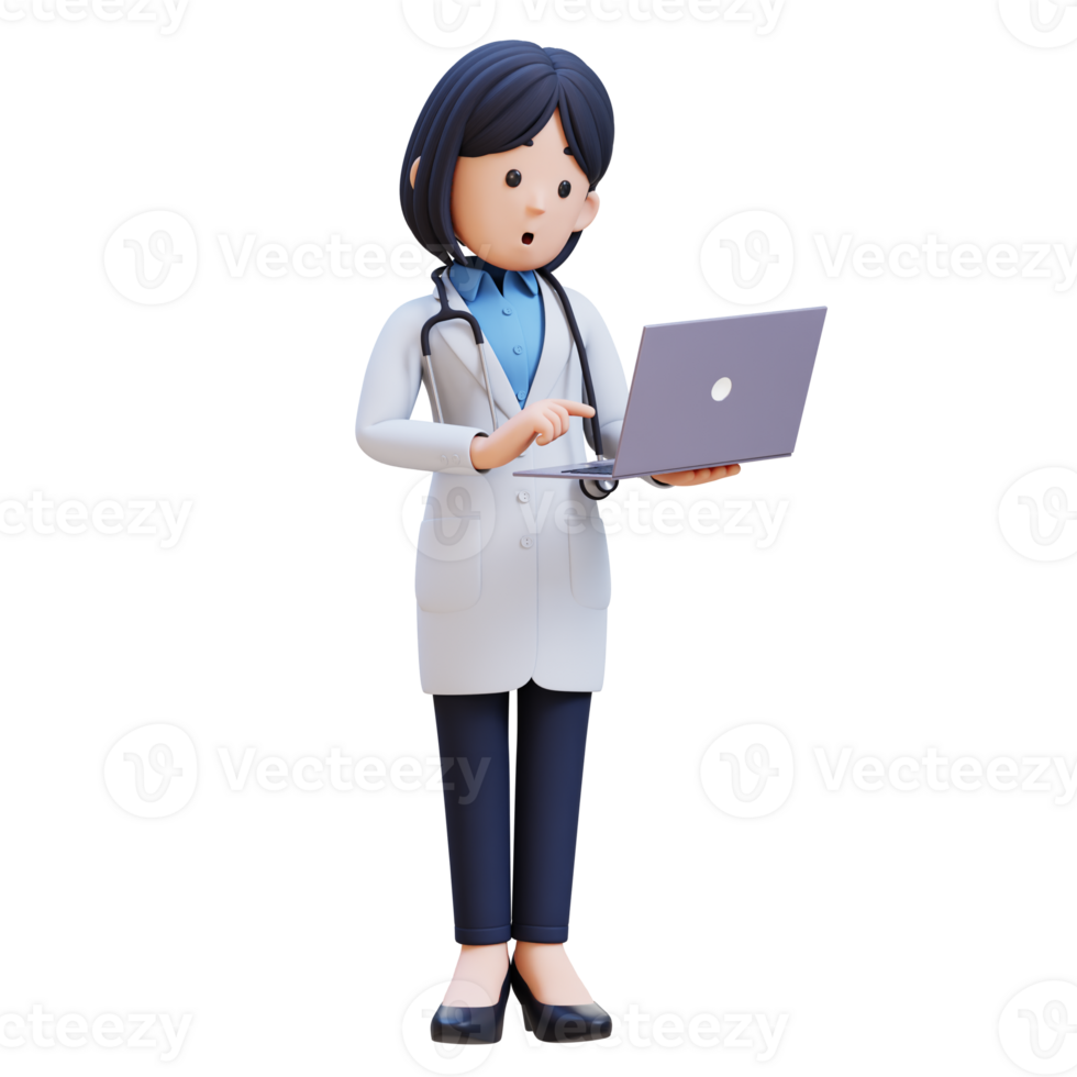 3D Woman Doctor Character in a white lab coat is holding a laptop computer and surprised png