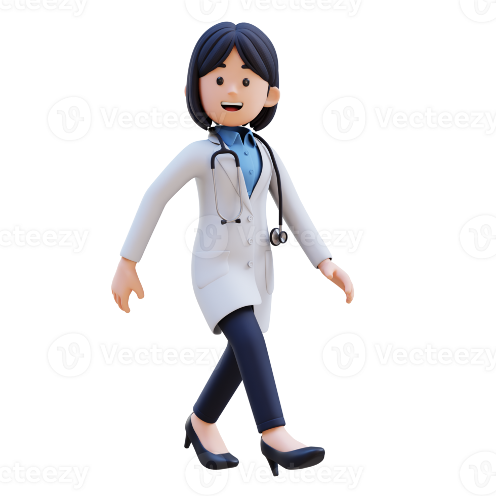 3D Woman Doctor Character is smiling and walking png