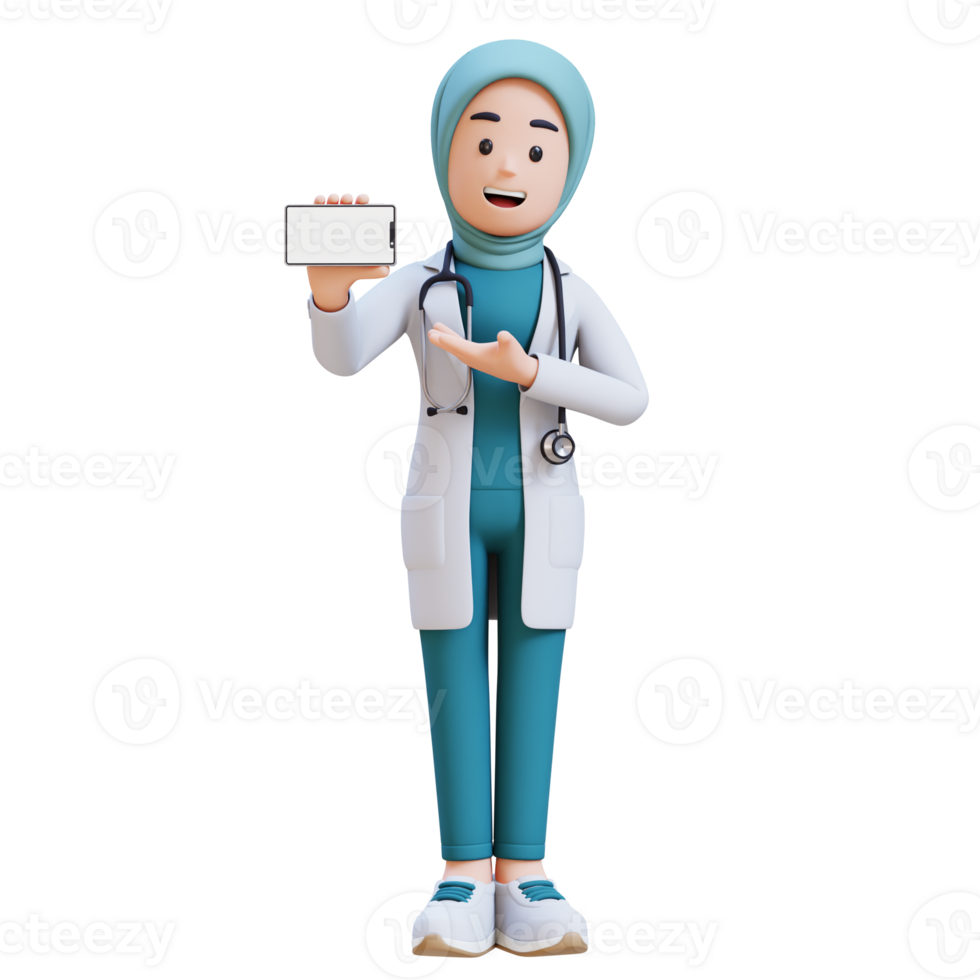 3D render muslim woman medical doctor character in a white lab coat holding and presenting to a cell phone png