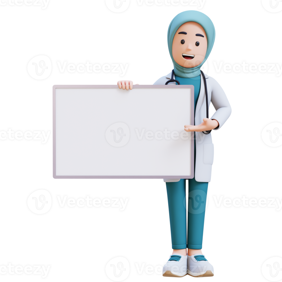 3D render muslim woman medical doctor character in a white lab coat is presenting to a white board with a smile on her face png