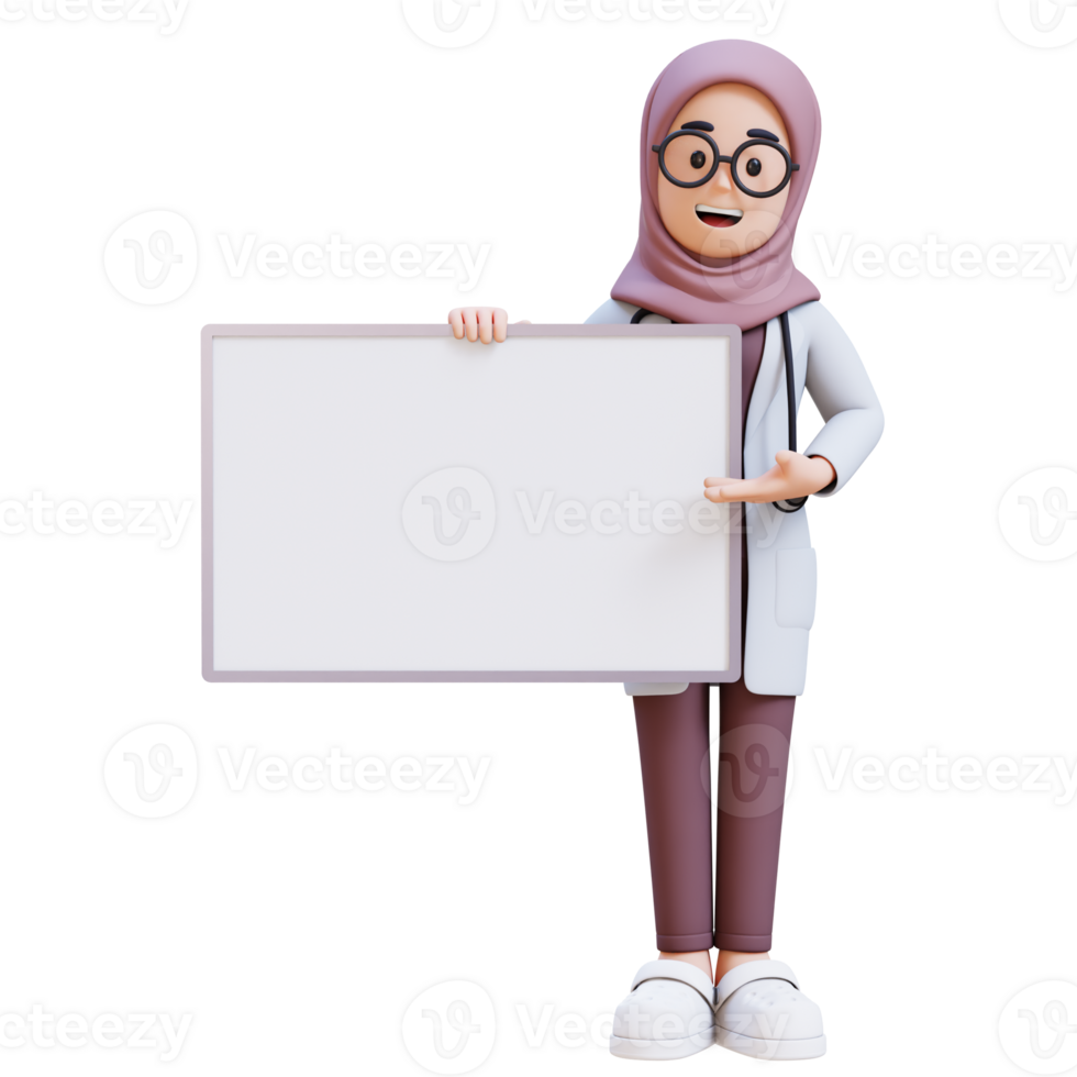 3D render muslim woman doctor character is presenting to a white board with a smile png