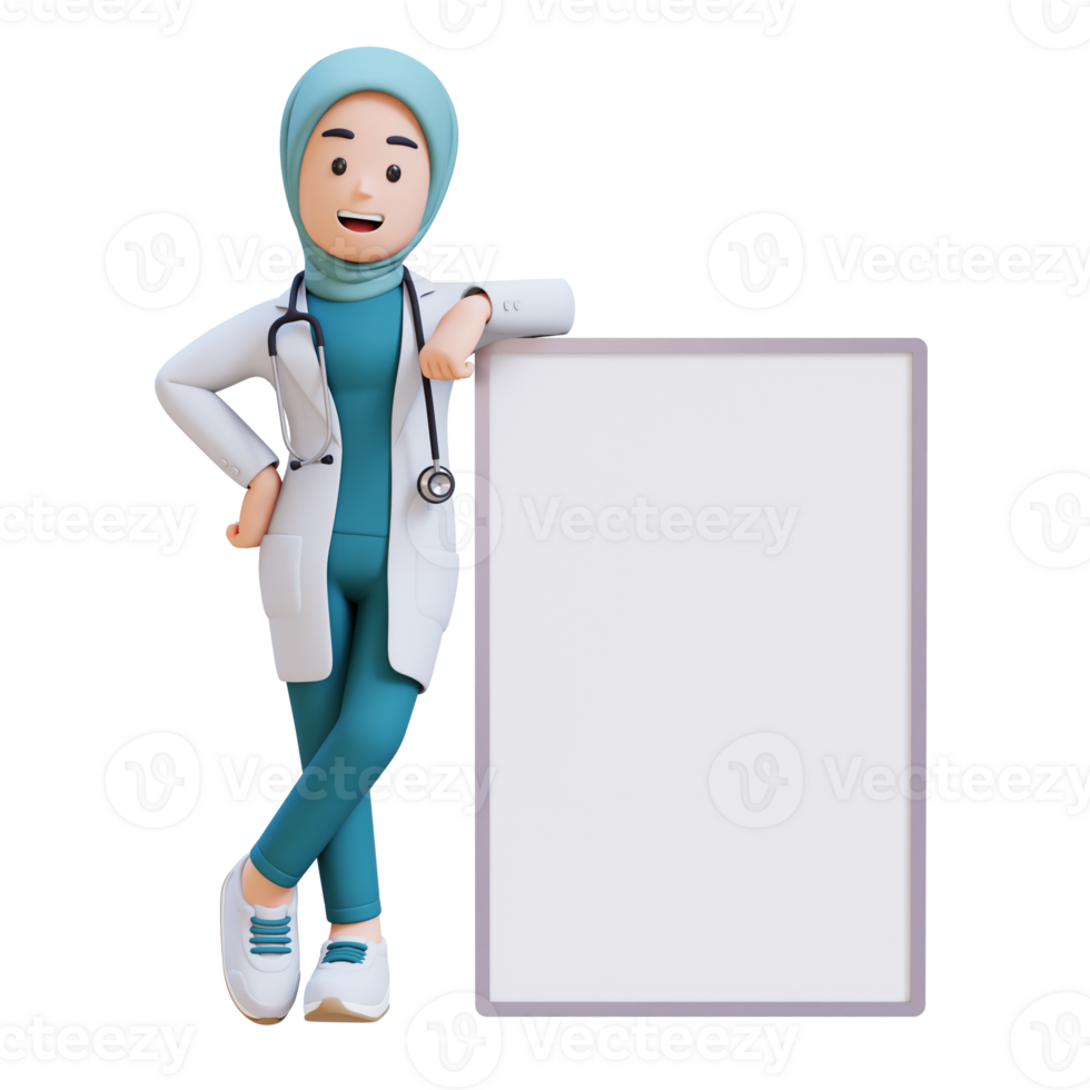 3D render muslim woman medical doctor character in a white lab coat stands in next a blank white board png