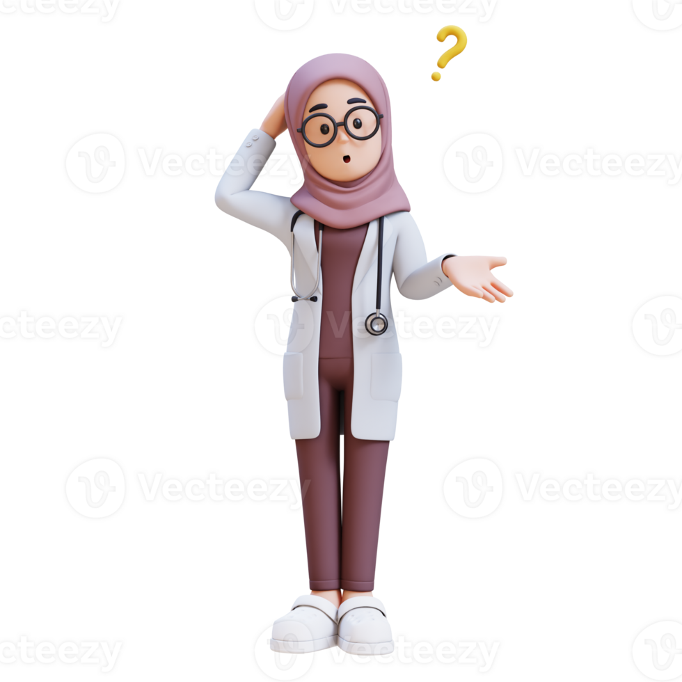 3D render muslim woman doctor character in a white lab coat is standing and confuse with question mark png