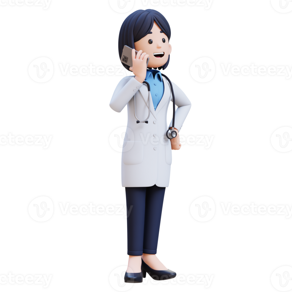 3D Woman Doctor Character in a white lab coat is talking on her cell phone png