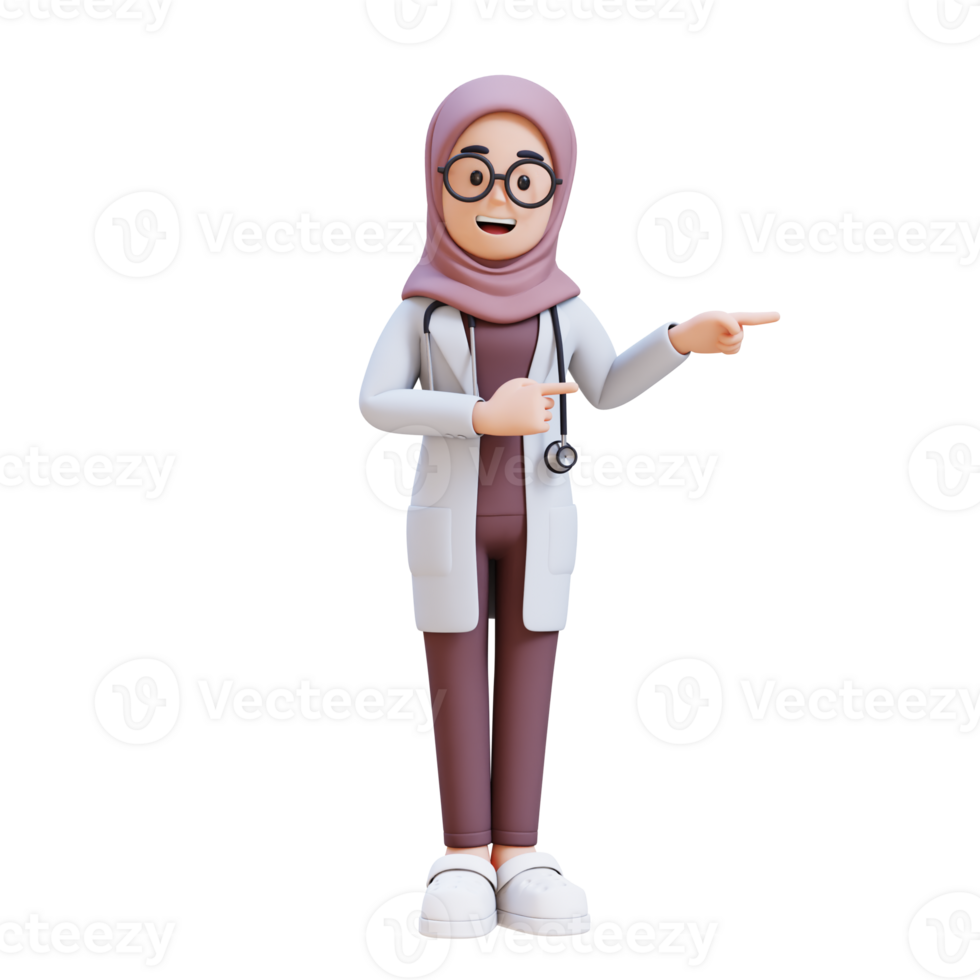 3D render muslim woman doctor character in a white lab coat points to something png