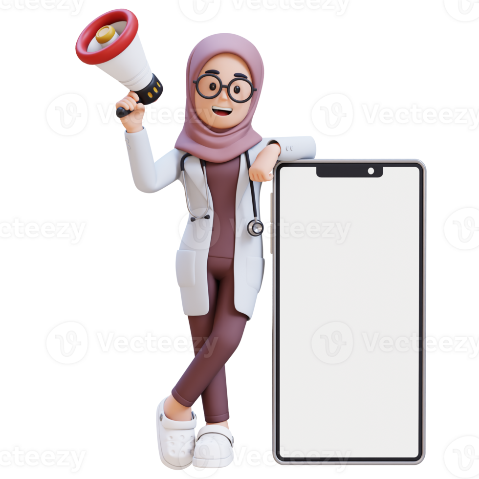 3D render muslim woman doctor character holding a megaphone lay on phone with blank screen png