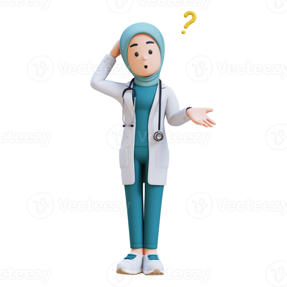 3D render muslim woman medical doctor character in a white lab coat is standing and confuse with question mark png