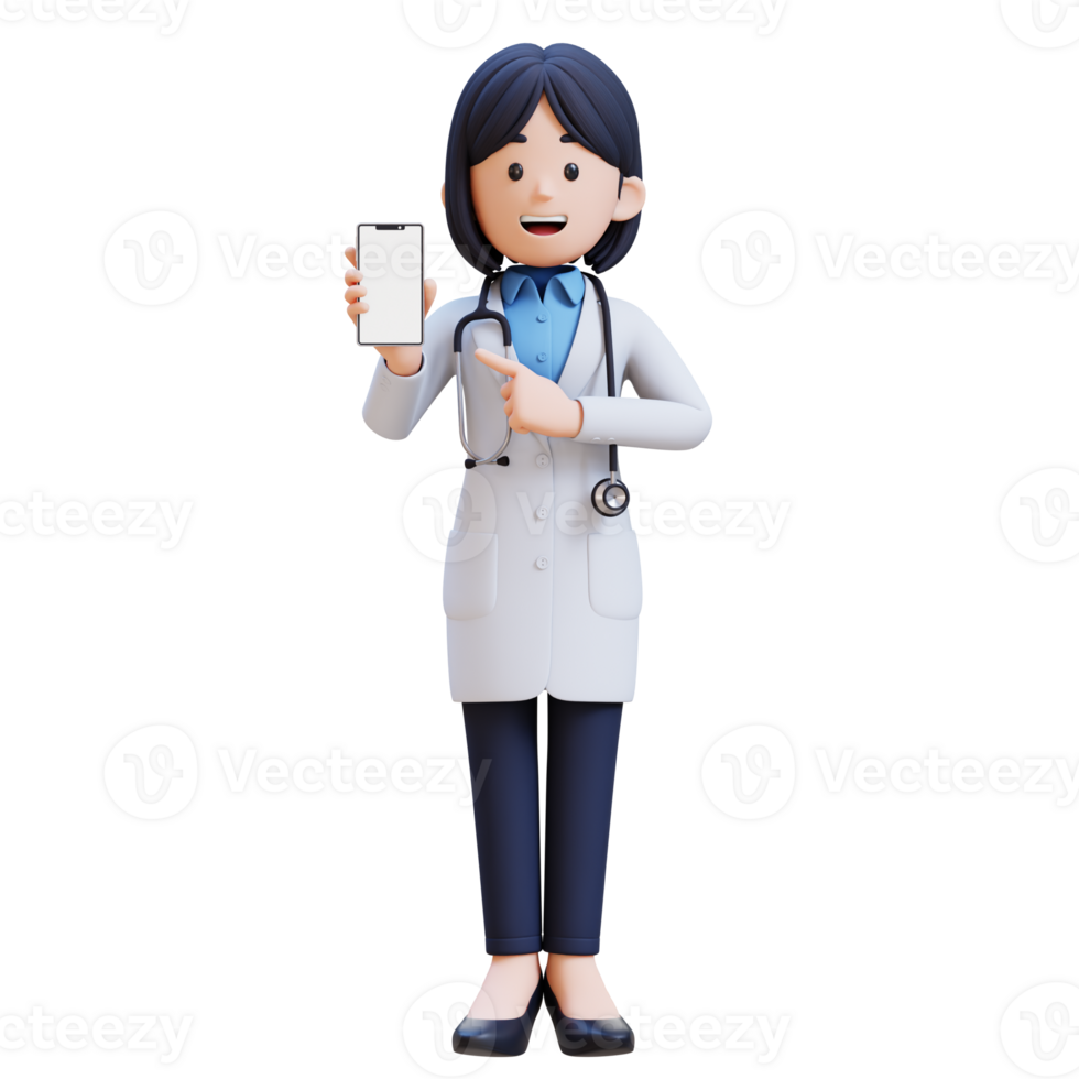 3D Woman Doctor Character in a white lab coat is holding a cell phone and pointing to it png