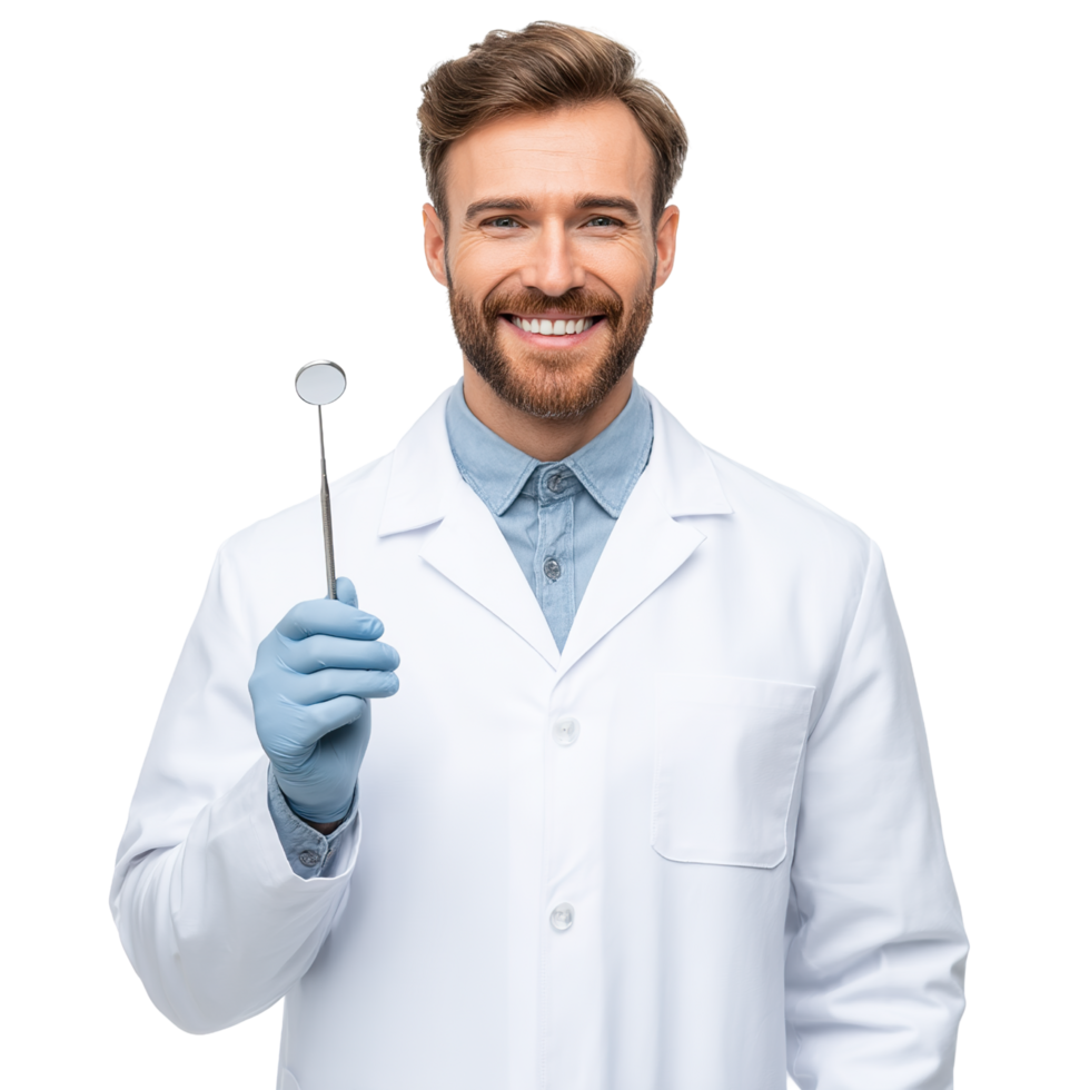 Smiling dentist holding dental mirror on transparent background. png