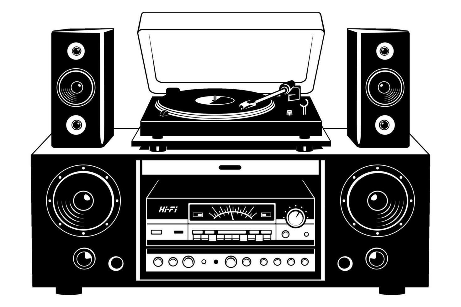 Analog Vintage HiFi Audio Set of vinyl player, stereo amplifier and speakers. All devices are the separate objects. Cliparts isolated on white. vector