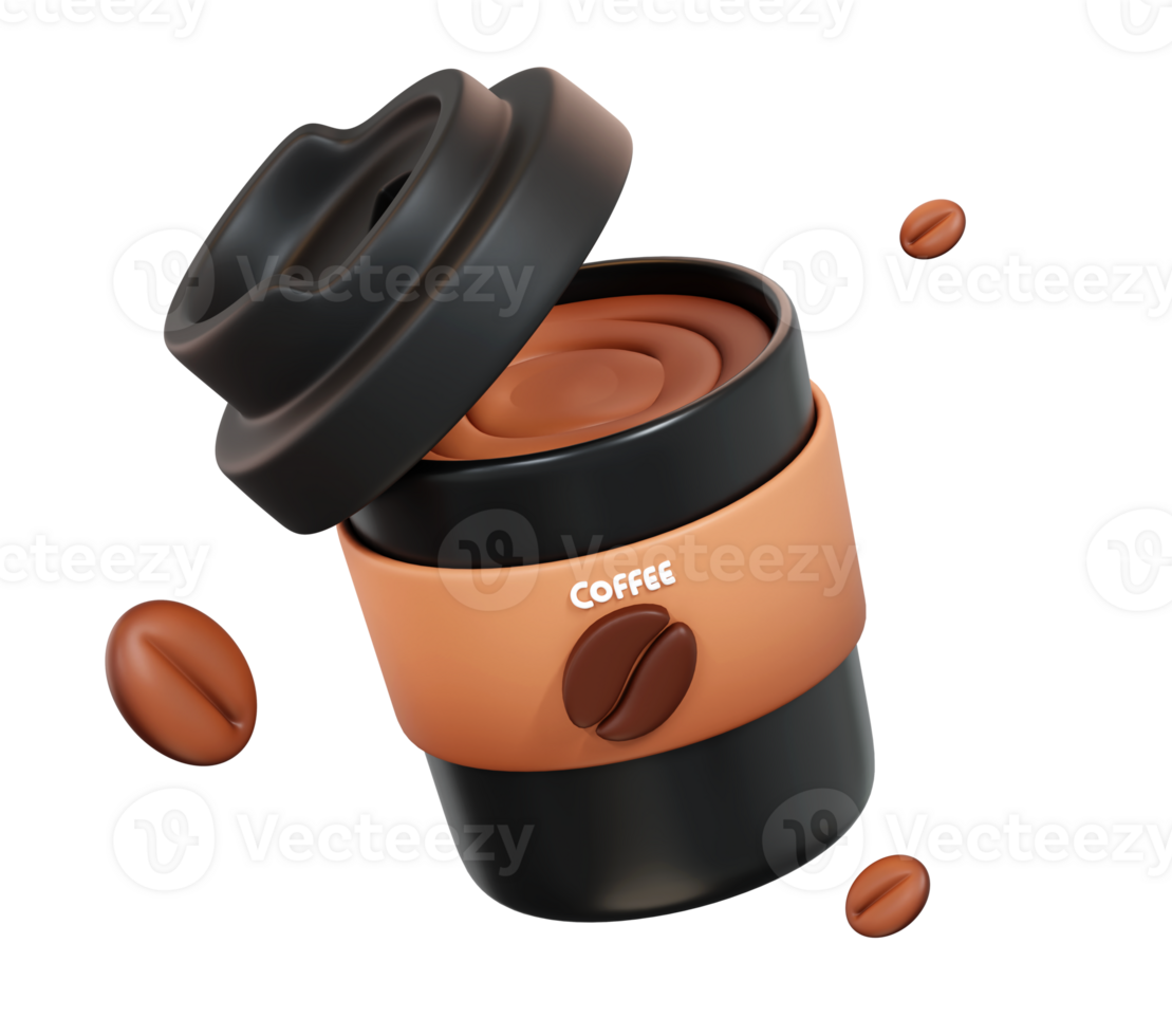 3D Portable Coffee Cup with Lid and Floating Coffee Beans Perfect for coffee, Transparent Background png