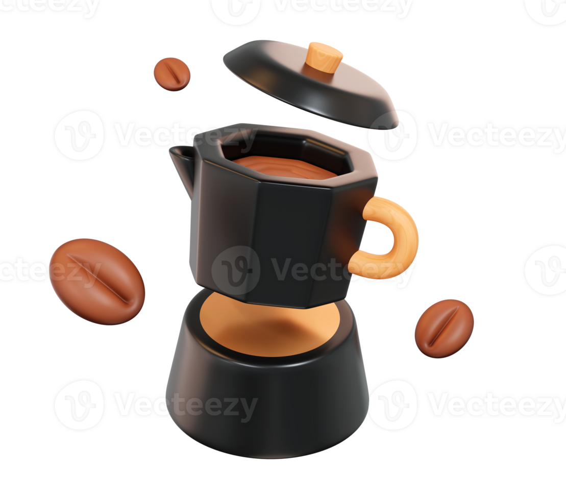 3D Moka Pot Coffee Maker with Floating Coffee Beans, Transparent Background png