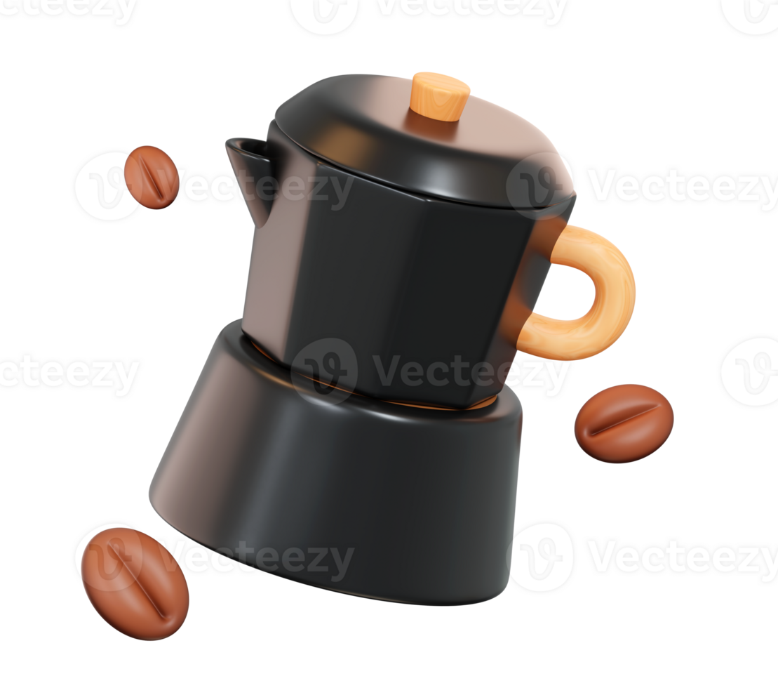 3D Moka Pot Coffee Maker with Lid and Floating Coffee Beans, Transparent Background png