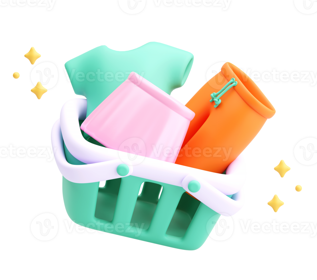 3D Render of Shopping Basket with Clothes and Stars on Transparent Background png