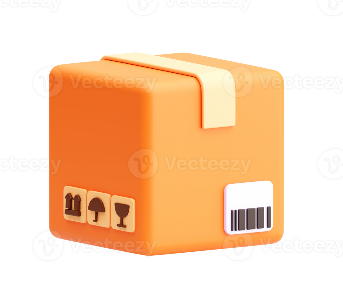 3D Parcel Box Icon with Barcode and Handling Symbols on Transparent Background png