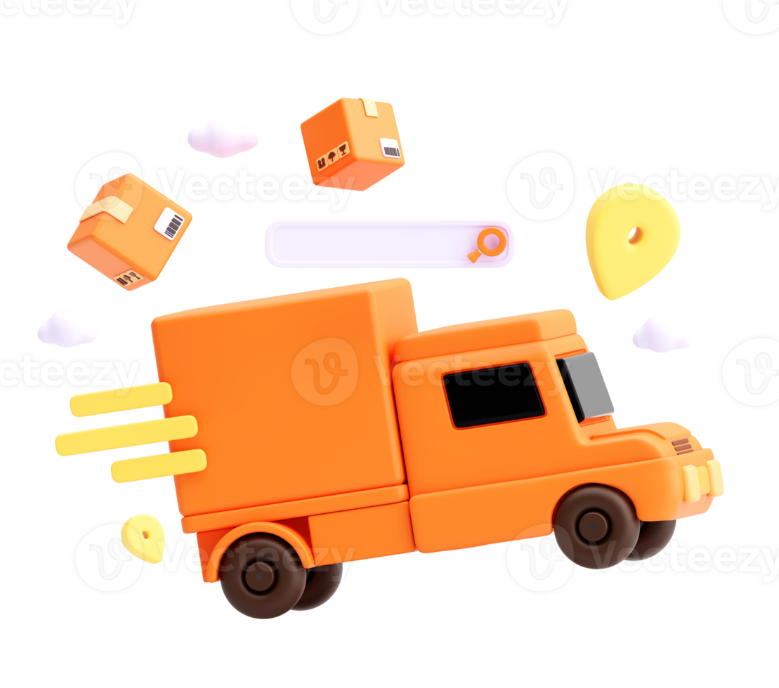 3D Render of Express Delivery Truck with Floating Parcels and Map Pin on Transparent Background png