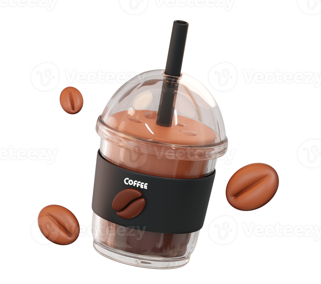 3D Clear Iced Coffee Cup with Straw and Floating Coffee Beans, Transparent Background png