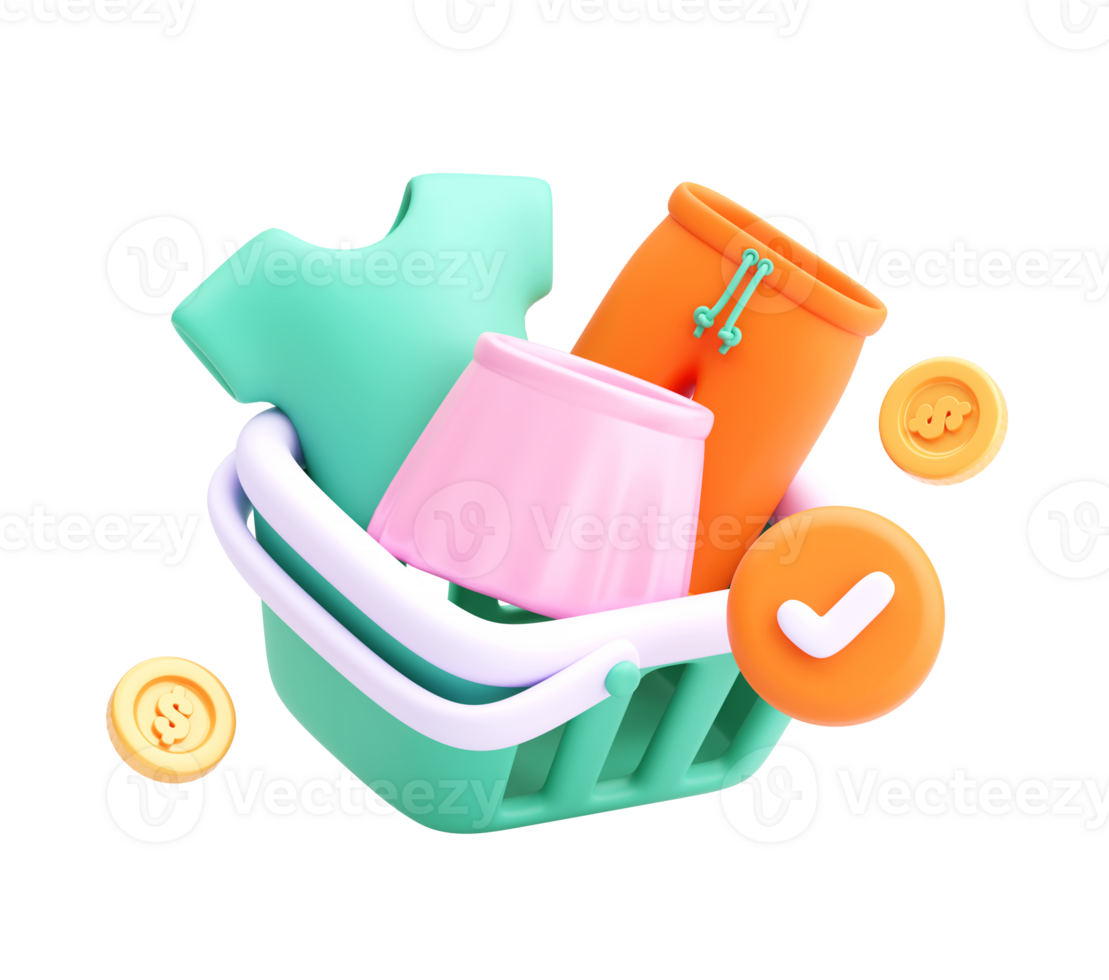3D Render of Shopping Basket with Clothes, Coins, and Check Mark Icon on Transparent Background png