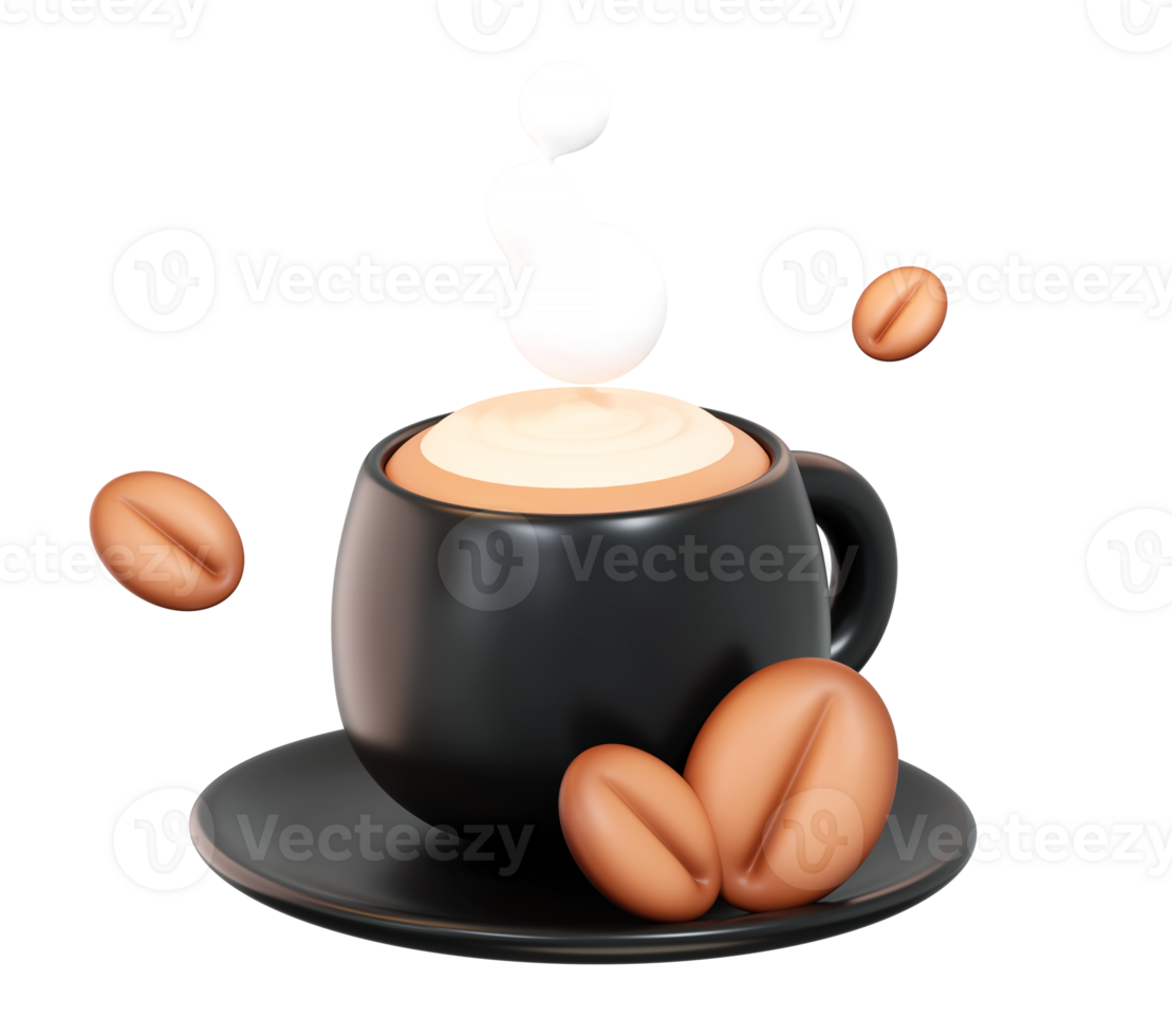 3D Coffee Cup with Milk Foam and Floating Coffee Beans, Transparent Background png