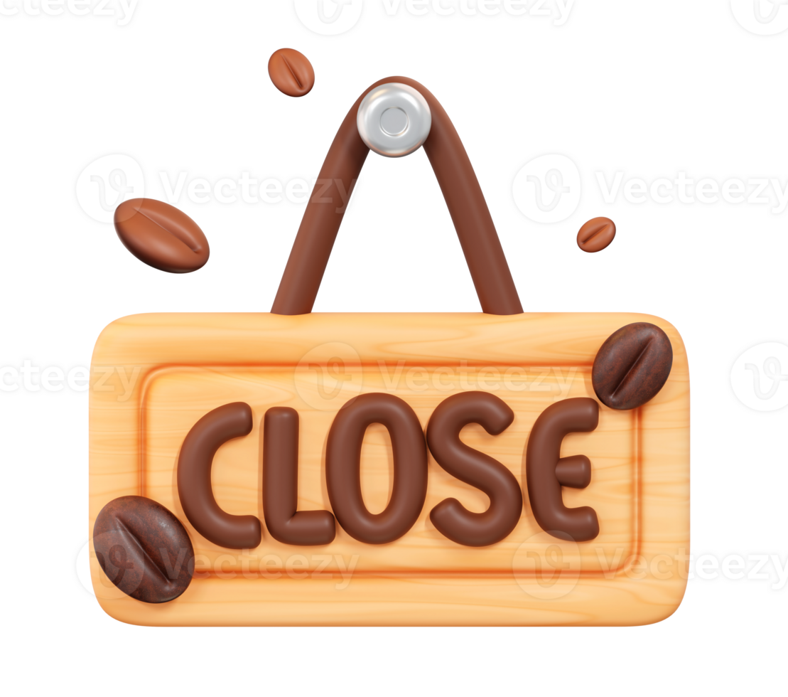 3D Coffee Shop Close Sign with Floating Coffee Beans, Transparent Background png