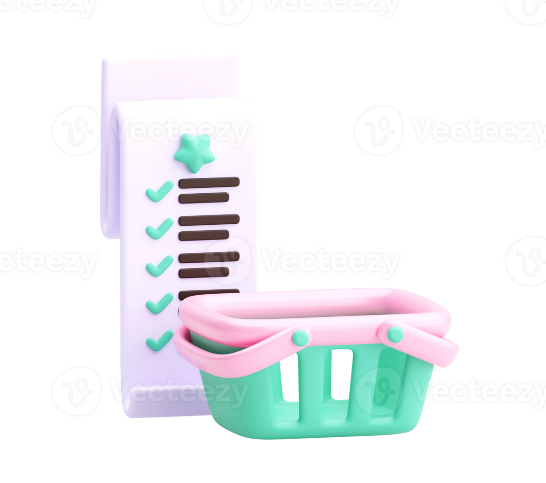 3D Render of Shopping List and Basket on Transparent Background png