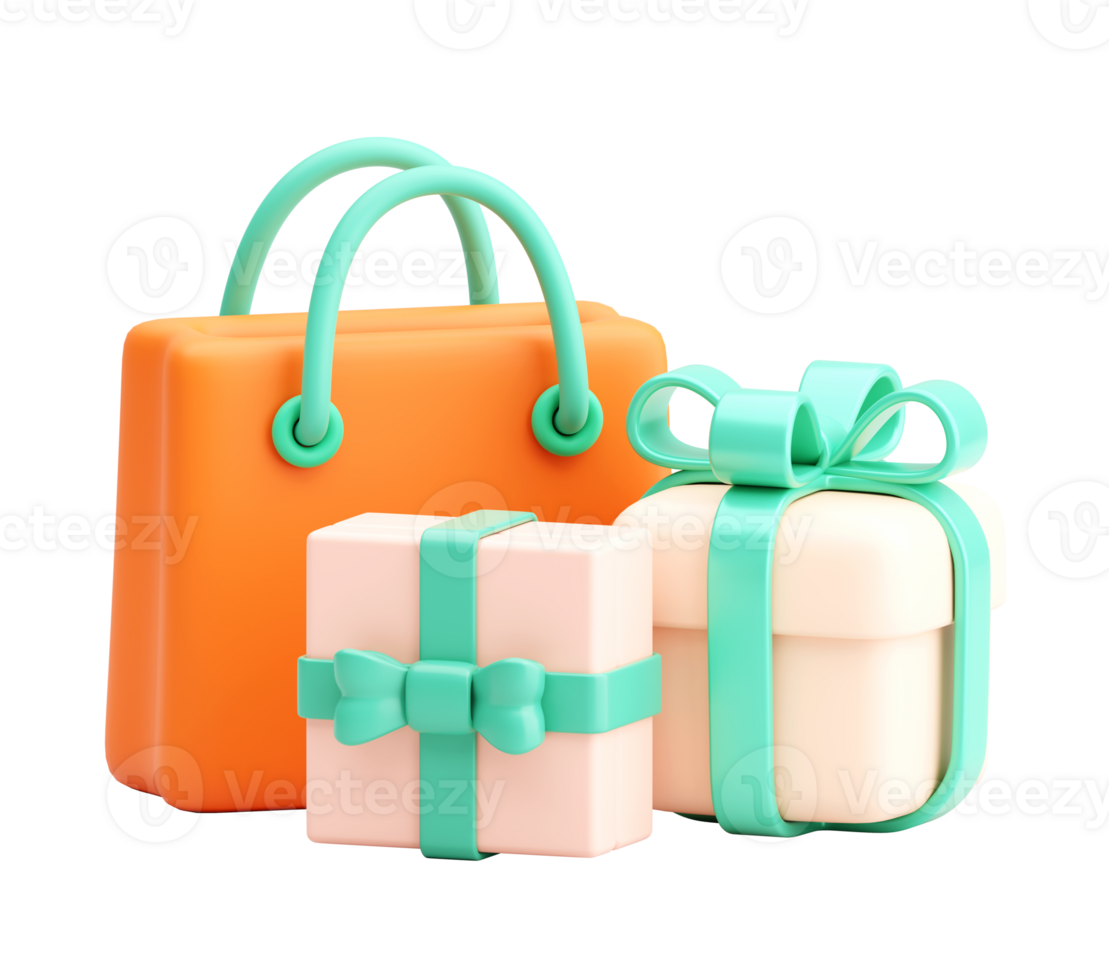 3D Render of Orange Shopping Bag with Pastel Gift Boxes on Transparent Background png