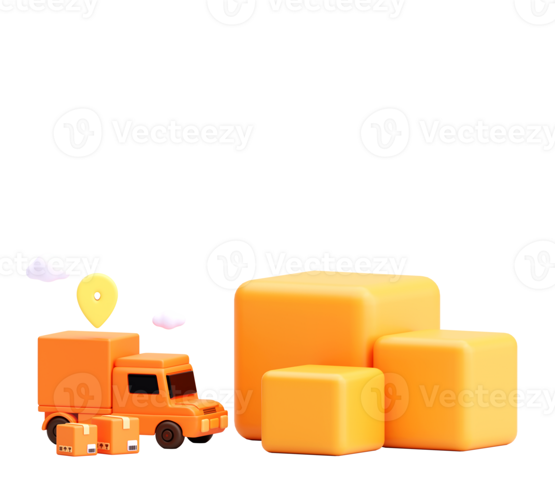 3D Render of Orange Delivery Truck and Boxes with Map Pin and Clouds on Transparent Background png