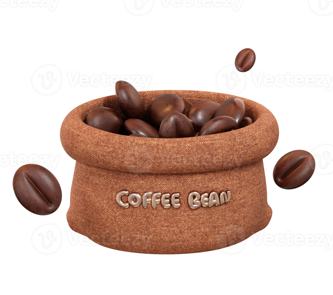 Coffee Beans in Brown Sack, 3D Illustration Transparent Background png