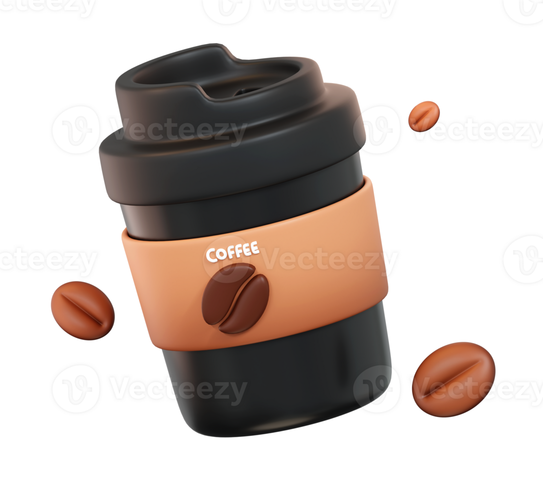 3D Portable Coffee Cup with Lid and Floating Coffee Beans, Transparent Background png